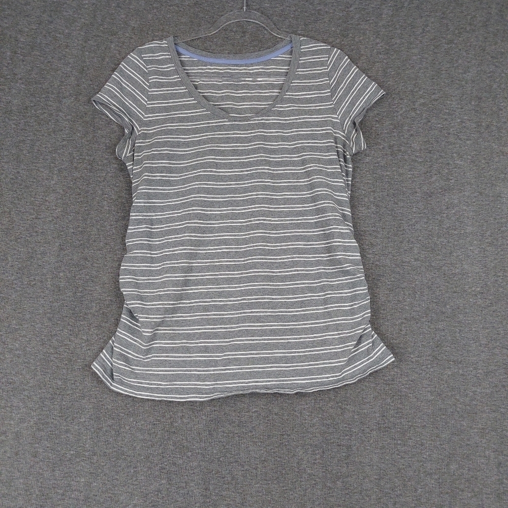 LIZ LANGE MATERNITY WOMENS GRAY WHITE STRIPED BASIC SCOOP NECK TSHIRT SIZE XXL